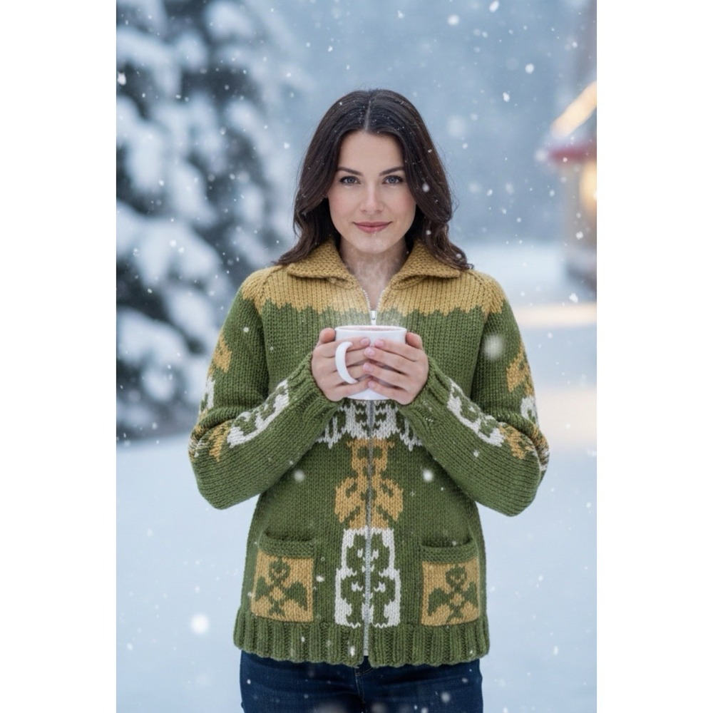 Vintage Cowichan Sweater Womens Size S Green Totem Alaska‎ Warm Heavy Cardigan